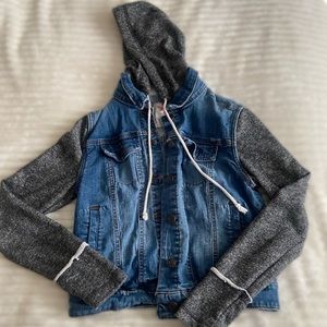 Denim jacket with fabric hood & sleeves